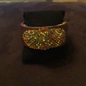 Leather with Vtg Jeweled Brooch Custom Bracelet